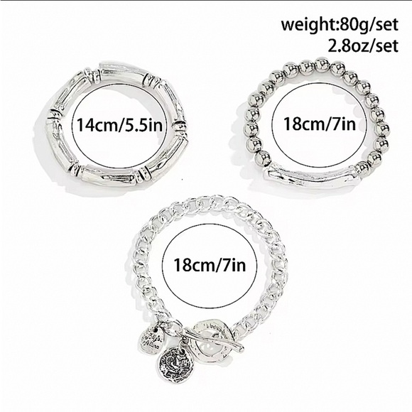 Stainless Steel Bracelet Set Chain Link Bamboo Statement Silver - Picture 7 of 7